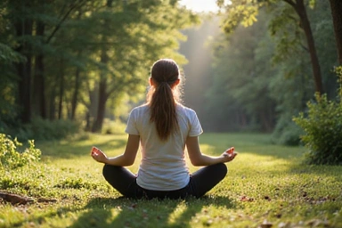 Eine Person, die Meditationsübungen macht, um Stress abzubauen, mit einem Fokus auf Achtsamkeit und Wohlbefinden