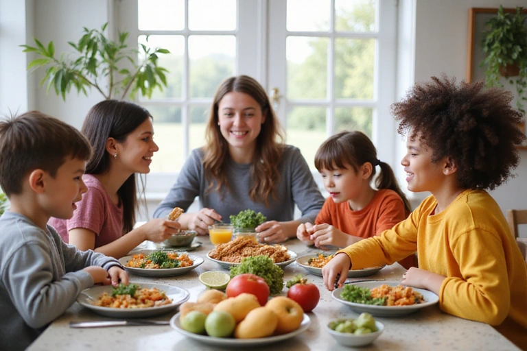 Familie am Esstisch mit gesunden Mahlzeiten, symbolisierend Kinder- und Familienernährung.