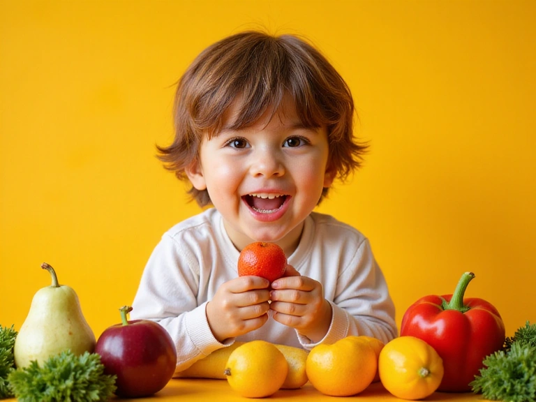 Kind isst frisches Obst und Gemüse, symbolisierend gesunde Kinderernährung.