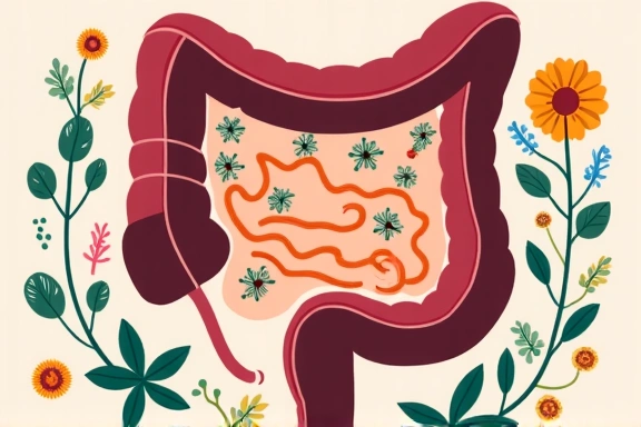 Eine Darmdarstellung mit gesunden Bakterien, symbolisiert Darmgesundheit.