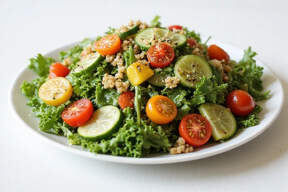 Teller mit buntem, frischem Salat und Quinoa, symbolisiert gesunde Ernährung.